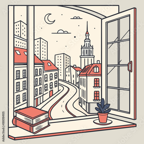Cityscape view from open window. Look out on old town buildings, skyscrapers, city road. Cozy windowsill with books, candle, potted plant and urban landscape outside. Flat vector illustration