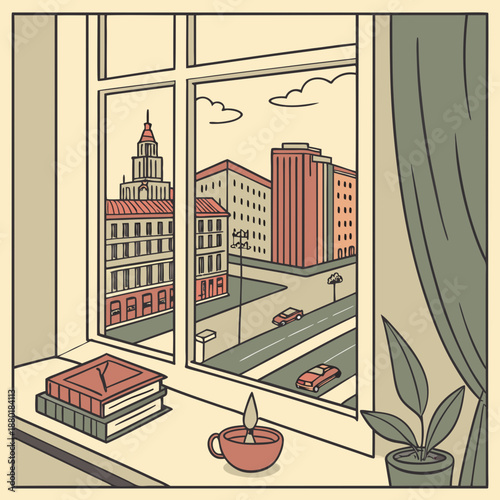 Cityscape view from open window. Look out on old town buildings, skyscrapers, city road. Cozy windowsill with books, candle, potted plant and urban landscape outside. Flat vector illustration