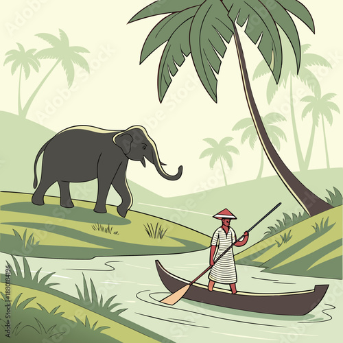 Illustration of a boatman rowing an elephant across the river. A scene in Kerala, India