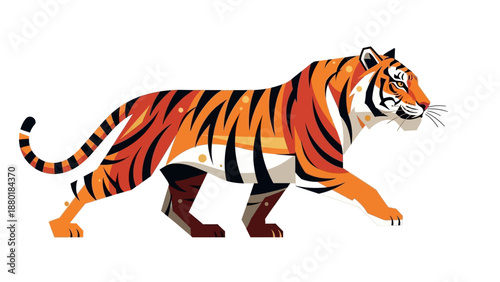 Artistic tiger walking illustration with orange stripes