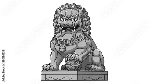 Traditional Chinese Guardian Lion Statue Illustration in Grayscale