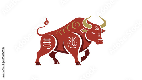 Stylized Red Ox with Gold Horns and Traditional Symbols