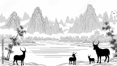 Traditional Chinese Ink Painting Landscape with Mountains and Deer