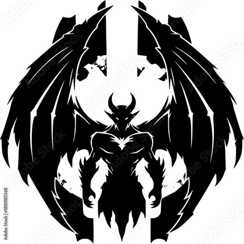 Dark Emblem of Enigmatic Presence: A powerful black silhouette of a horned figure with expansive wings stands majestically against a stark backdrop, radiating an aura of mystery and strength.