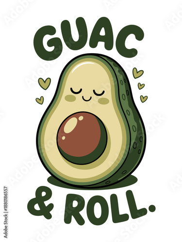 A cute avocado illustration with a smiling face surrounded by the words 'Guac and Roll'. Tiny yellow hearts add a playful touch.