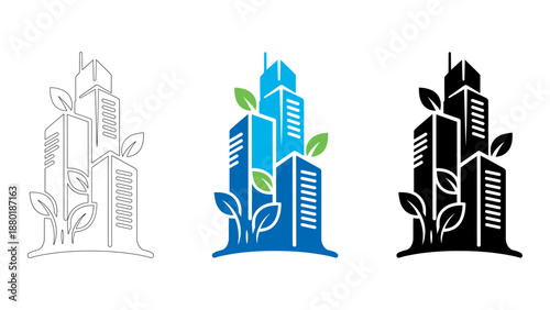 Eco skyscraper and green urban architecture building icon set sustainable city line and solid icons for environmental de
