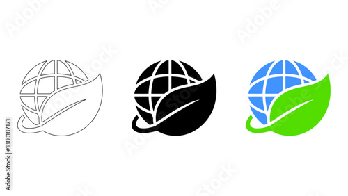 Environmental protection and sustainability globe leaf icons line, solid, colourful eco-friendly earth symbols