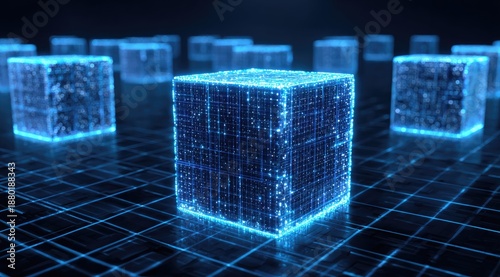Luminous, digital cubes on grid background. Futuristic tech