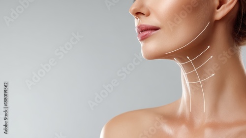 Age defying therapy and facelift Attractive woman s neck with massage lines or lifting indicators