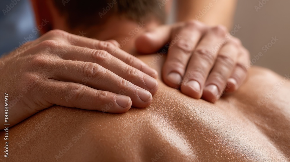 Fototapeta premium Detailed view of a therapist giving a deep tissue massage on a client s back using elbow pressure promoting relaxation pain relief and recovery