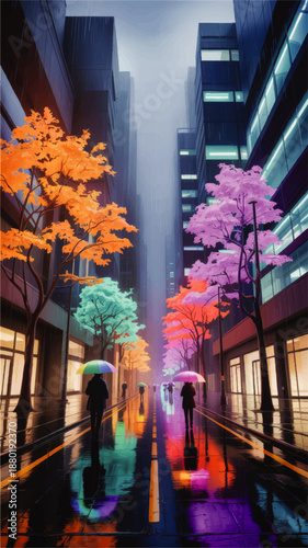 Futuristic rainy city street at night with colorful neon trees, reflections on wet road, silhouettes walking under umbrellas