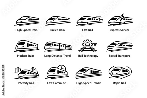 Modern high-speed trains and rail technology icons for efficient transportation