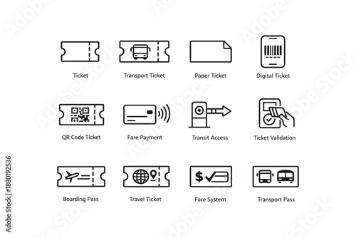 Transport and travel ticket icons set: qr code, digital, paper, fare payment
