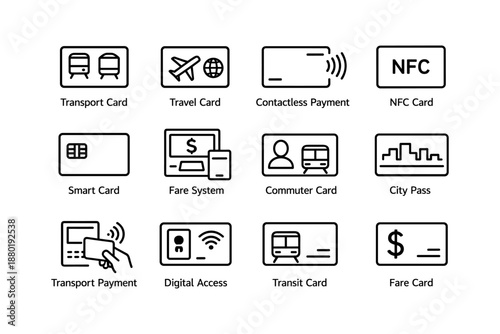 Digital transit and payment icons: contactless, nfc, smart, fare, travel