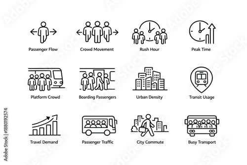 Public transport icons illustrating passenger flow and urban commute concepts