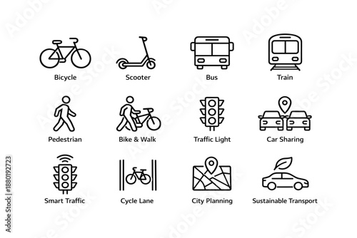 Urban mobility icons: bicycle, scooter, bus, train, pedestrian, traffic light, car sharing