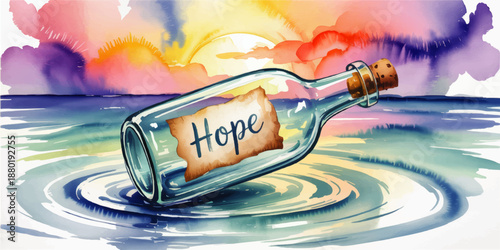 Hope message in a bottle floating on ocean waves at colorful sunrise, inspirational watercolor seascape illustration background