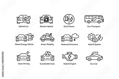 Eco-friendly transportation icons: hybrid, electric, sustainability, green mobility