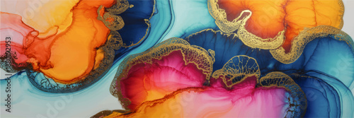 Vibrant alcohol ink fluid art background with blue orange pink waves and gold metallic details for modern abstract design