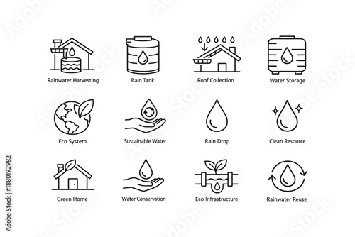 Eco-friendly water conservation icons: harvesting, storage, sustainability, green infrastructure