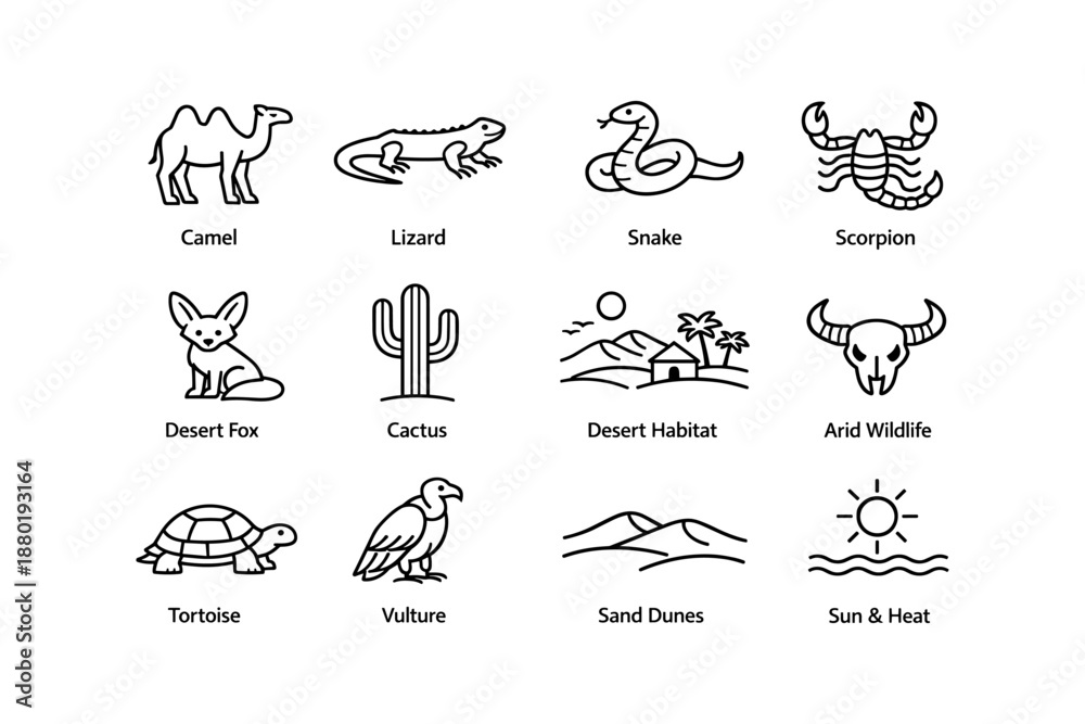 Fototapeta premium Desert wildlife icons: camel, lizard, snake, scorpion, and more in icon set