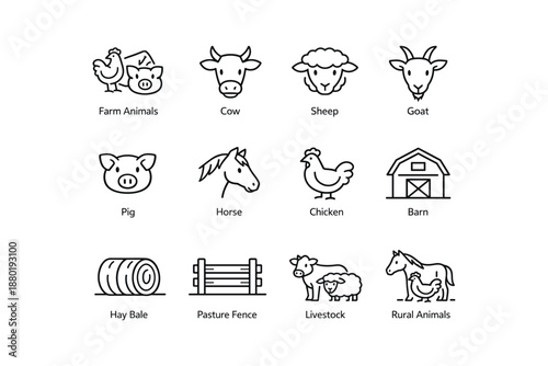 Farm animal icons: cow, sheep, goat, pig, horse, chicken, barn