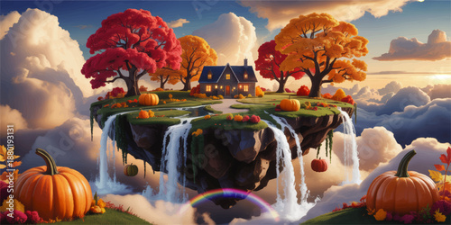 Magical floating island with cozy cottage, autumn trees, pumpkins and waterfalls above clouds at sunset fantasy landscape