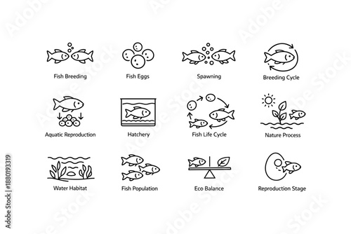 Fish reproduction icons: breeding, spawning, life cycle, habitat, nature process