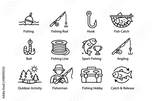 Fishing icons set: rods, hooks, fish, bait, outdoor activities, and angling symbols