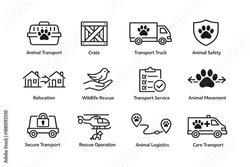 Animal transport and rescue icons: safety, logistics, and care symbols