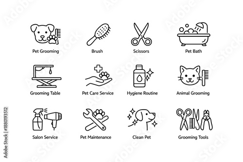 Pet care icons: grooming, hygiene, and maintenance tools