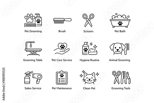 Pet grooming icons set: brush, scissors, bath, care, hygiene