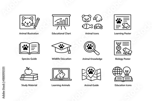 Educational animal icons and learning graphics for wildlife education