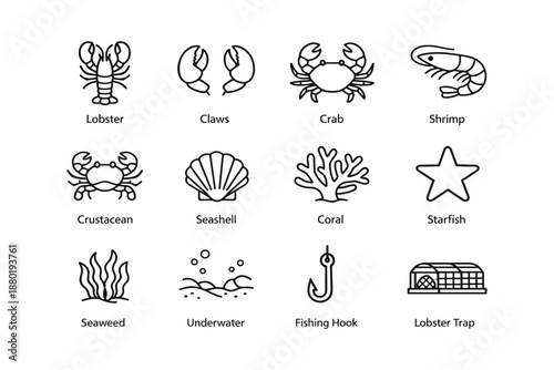 Marine life icons: lobster, crab, shrimp, seashell, coral, starfish, seaweed