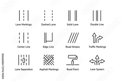 Traffic lane markings and road line icons overview