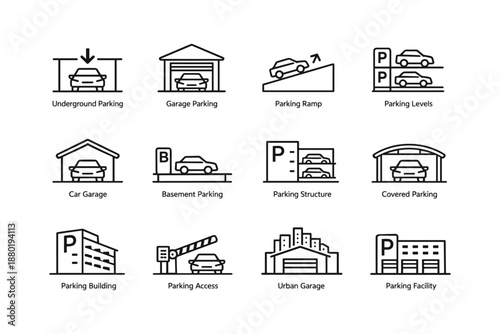 Icons of parking structures and facilities: underground garage, ramp, levels, and access