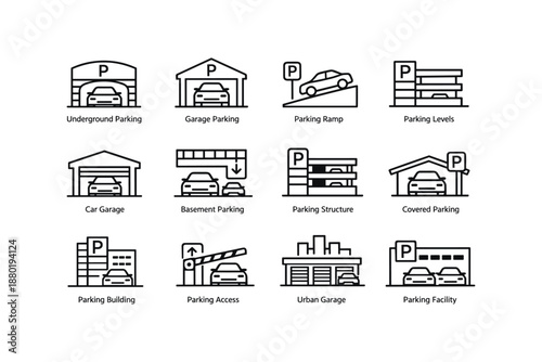 Various parking icon set illustrating different parking facility types