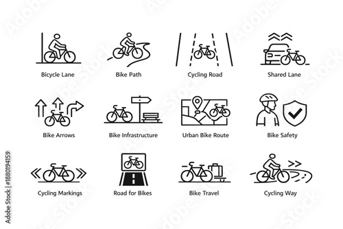 Cycling symbols: bike lanes, paths, routes, and safety icons