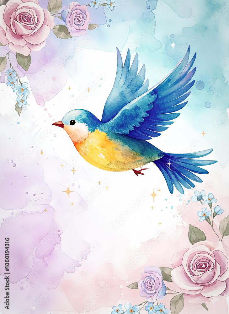 Obraz premium Watercolor-style illustration of a Bluebird of Happiness in mid-flight. Background is in pastel blues, pinks, and lavenders. Copy space for text of greeting card message.