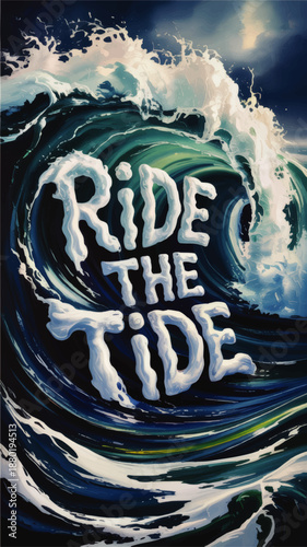 Ride the Tide inspirational ocean wave poster, dynamic surfing typography art, crashing sea storm illustration vertical print