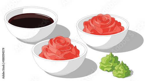 Essential sushi condiments including dark soy sauce, pink pickled ginger rosettes, and green wasabi mounds in small white bowls.