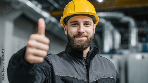 Engineer in a factory giving a thumbs up while wearing a safety helmet