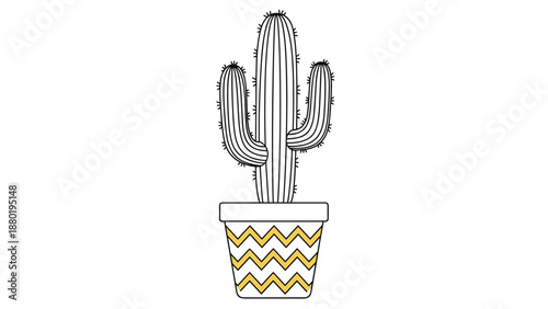 Stylized saguaro cactus in a modern pot decorated with yellow zigzag patterns, presented in a clean line art style on a white background.