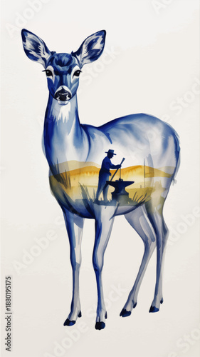 Double exposure blue deer watercolor with rural blacksmith at anvil, surreal nature wildlife art 