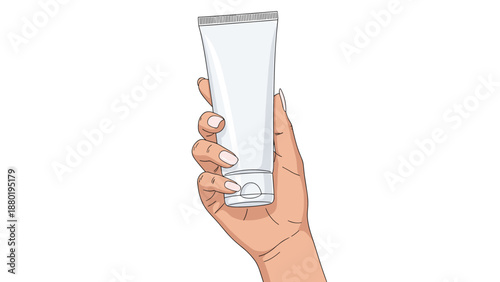 Illustration of a hand holding a plain white plastic tube, suitable for cream, lotion, or cosmetic product packaging, on a white background.