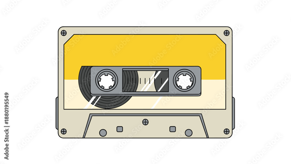 Obraz premium Retro yellow and cream colored audio cassette tape with realistic details like screws and visible magnetic tape reels on a white background.