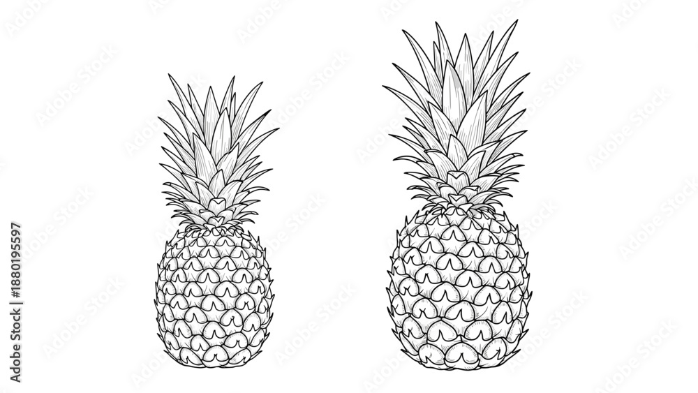Obraz premium Pair of pineapples in two different sizes, intricately detailed with a black and white line art style showing the unique scaly texture.