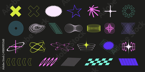 Neon abstract shape set with glowing geometric elements, lines, stars, crosses and dynamic forms on dark background. Futuristic cyberpunk vector illustration.