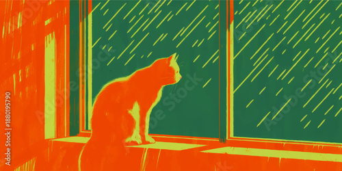 Vibrant orange cat silhouette watching rainy night through window, modern minimalist feline illustration in neon teal and yellow