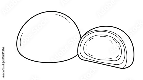 Simple black and white line art illustration of two soft japanese mochi rice cakes with one partially sliced to show filling.